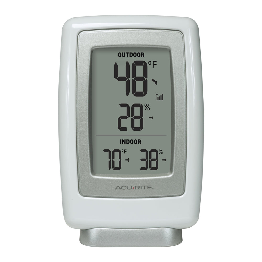 AcuRite wireless sensor mounted on porch eave showing outdoor placement and protection benefit