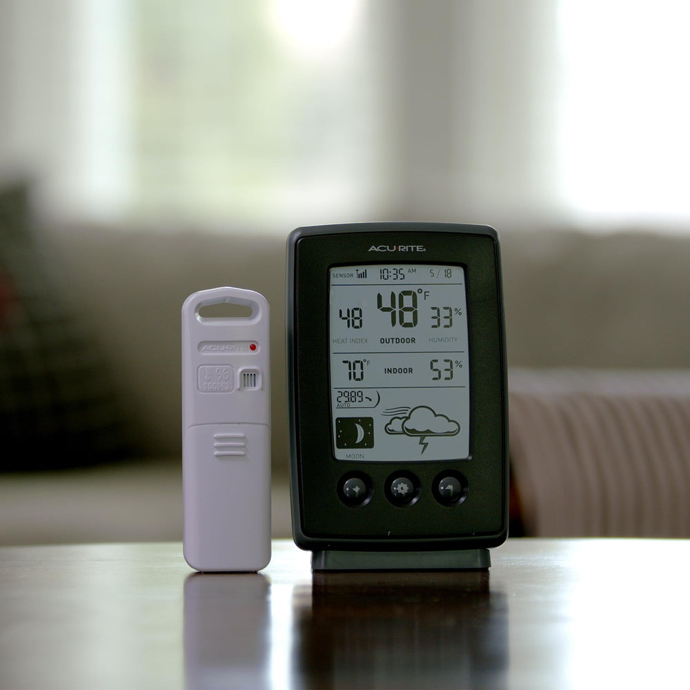 AcuRite display on kitchen counter providing immediate weather awareness