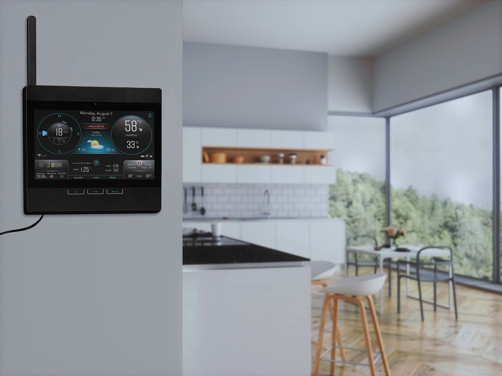AcuRite outdoor sensor array mounted outside capturing temperature and wind