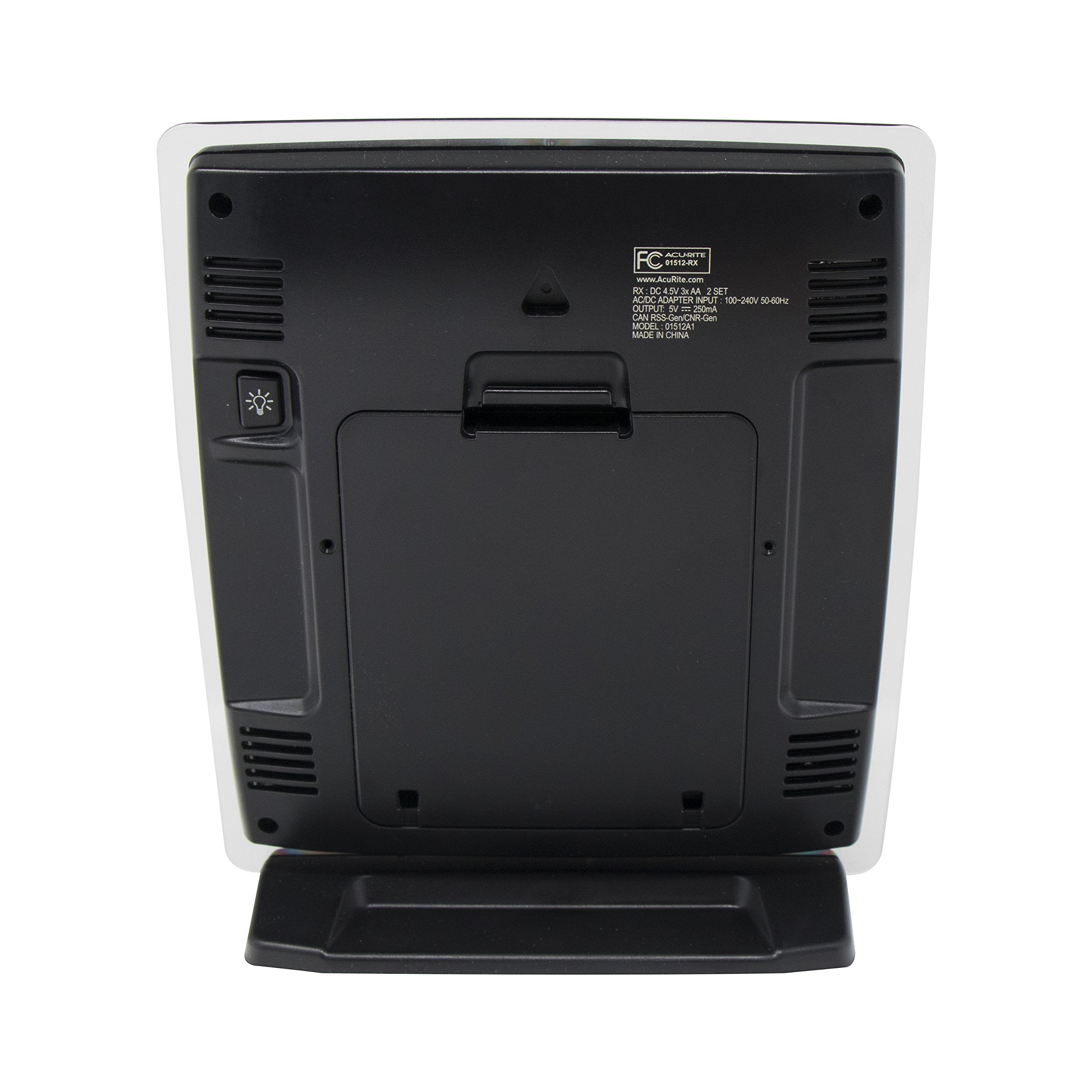 AcuRite rear view showing power adapter port and battery compartment for flexible power