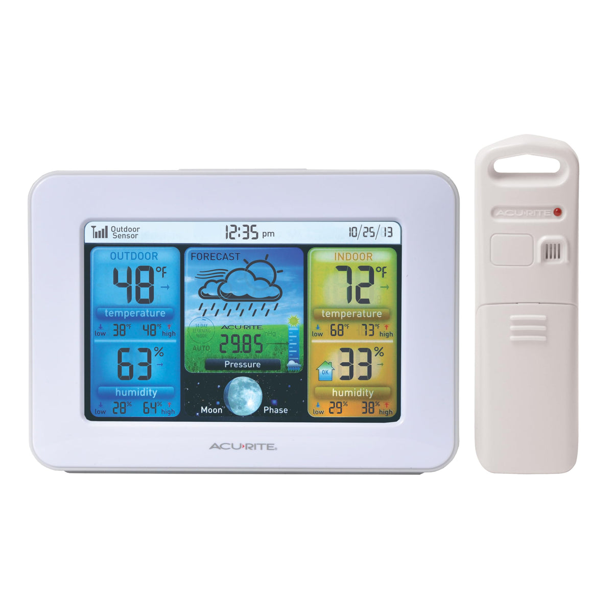 AcuRite color display front view with clear forecast and humidity icons for fast decisions