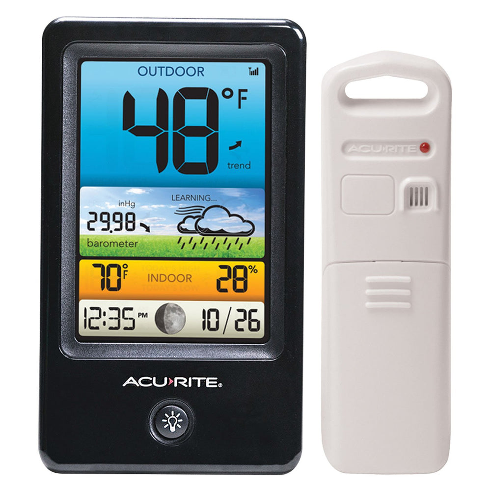 AcuRite color weather station front display showing temp and forecast for quick planning