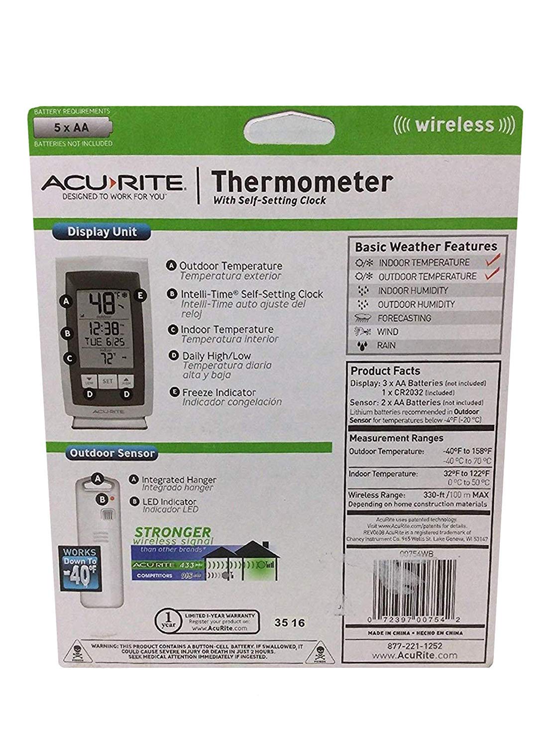 AcuRite console on kitchen counter showing clear time and temperature for convenient household use