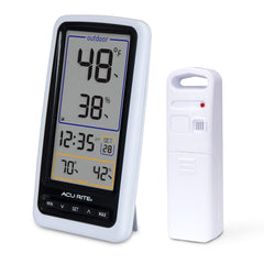 Close-up of AcuRite LCD showing large outdoor temperature digits and trend arrow