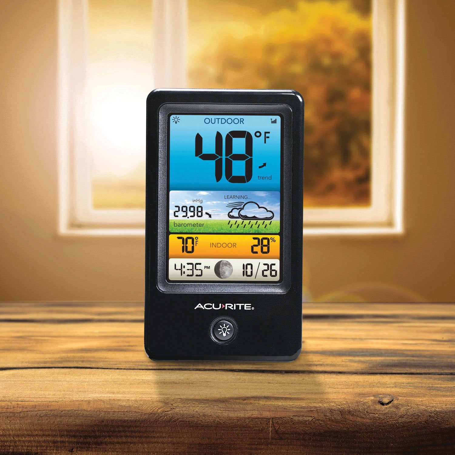 AcuRite display side profile on table with adjustable dimmer for comfortable viewing