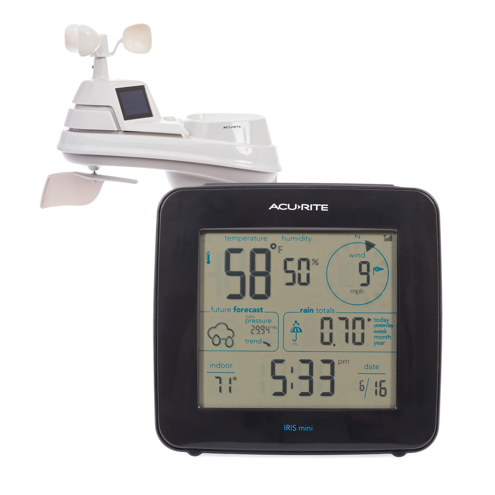 AcuRite Iris mini display front view showing forecast and readings for quick indoor monitoring