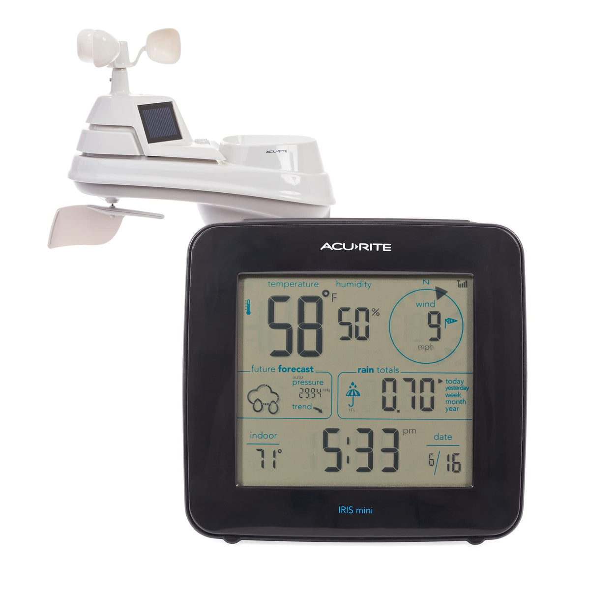 AcuRite Iris mini display front view showing forecast and readings for quick indoor monitoring