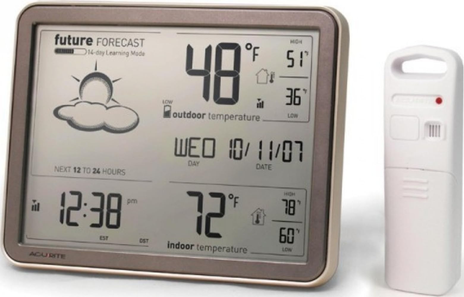 AcuRite large display front view showing clear temperature and atomic time benefit quick readings