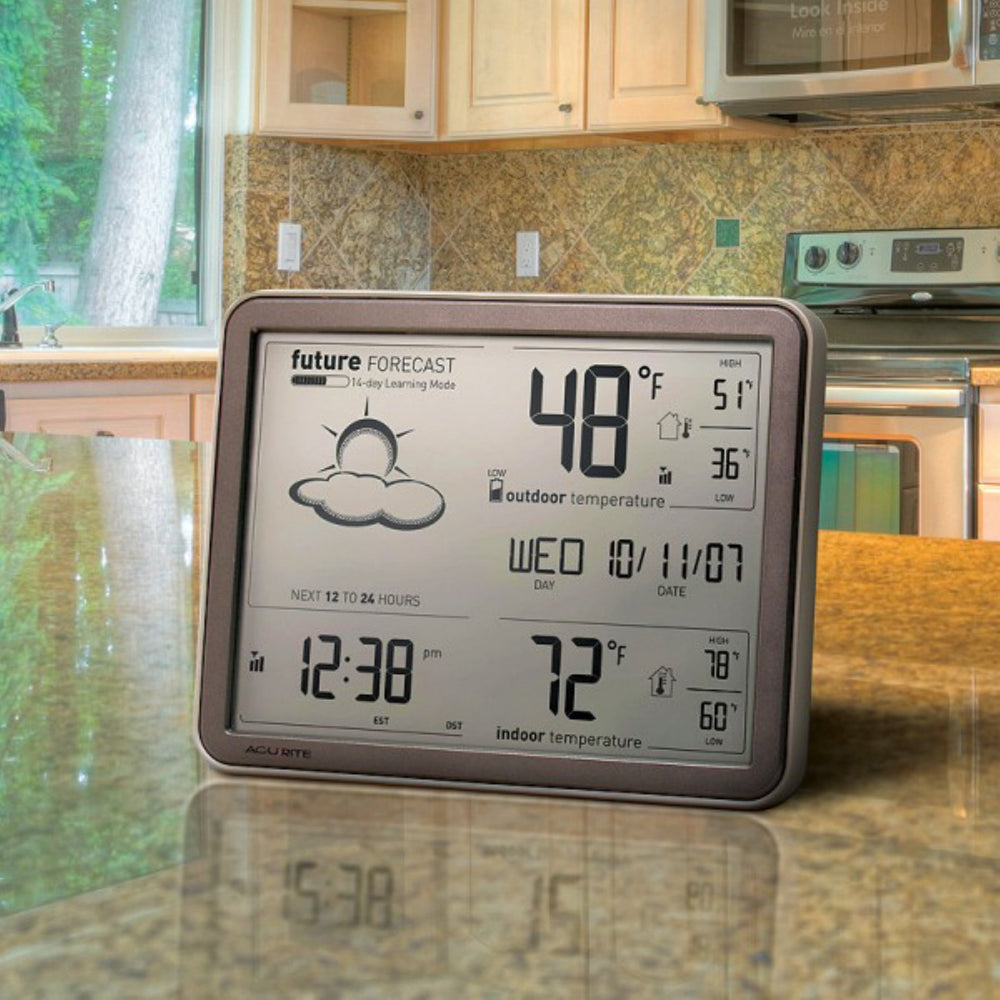 AcuRite outdoor sensor close-up showing weather-resistant design for dependable outdoor measurements