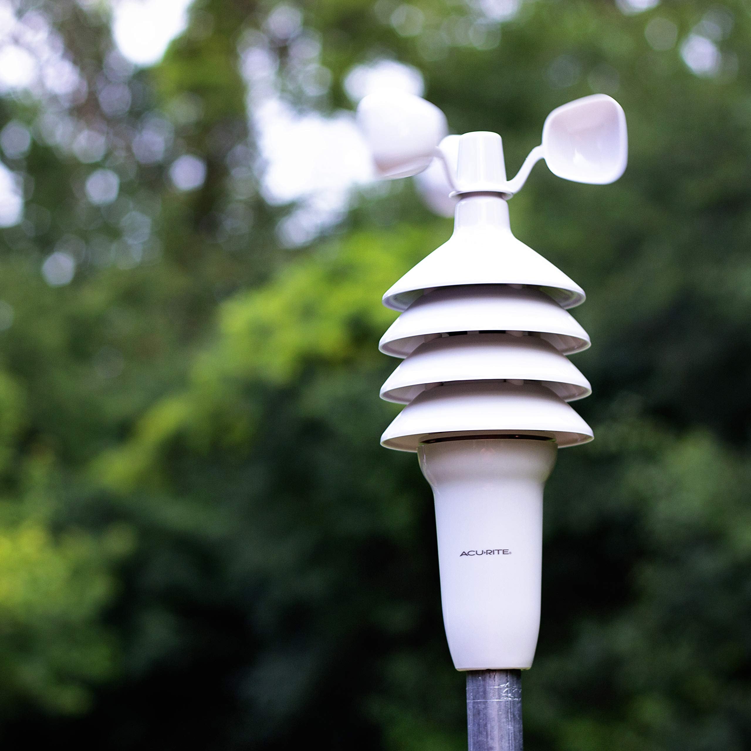 AcuRite outdoor wind sensor close-up showing durable construction and accuracy