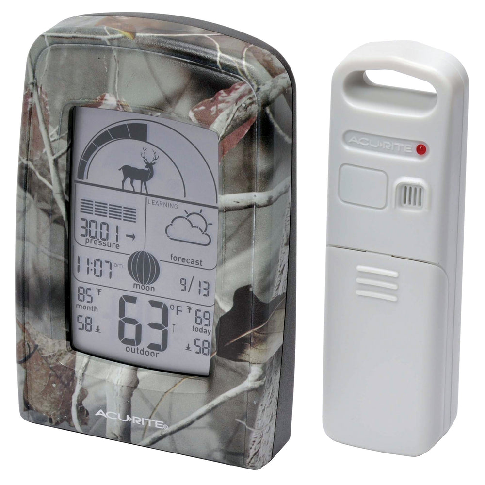 AcuRite front display showing weather, time and hunting icons for quick planning