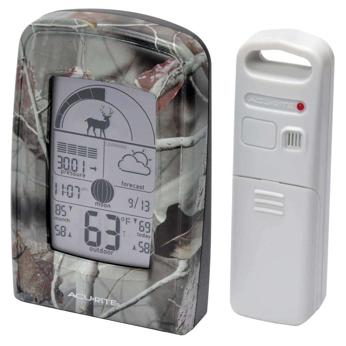AcuRite front display showing weather, time and hunting icons for quick planning