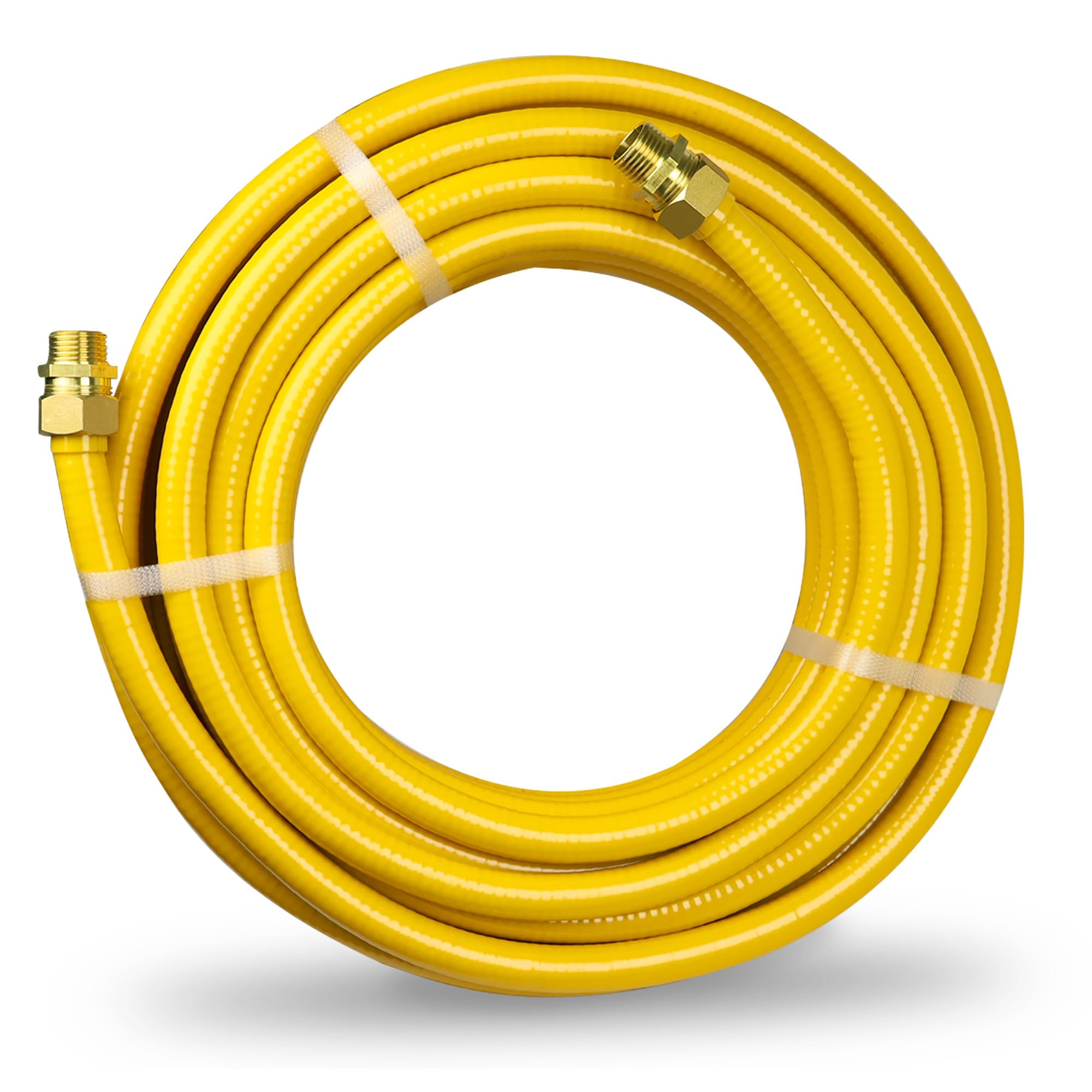 Acyoyava front view of 40ft CSST gas line showing yellow jacket and fittings, highlighting ready-to-install convenience