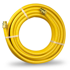 Acyoyava front view of 40ft CSST gas line showing yellow jacket and fittings, highlighting ready-to-install convenience