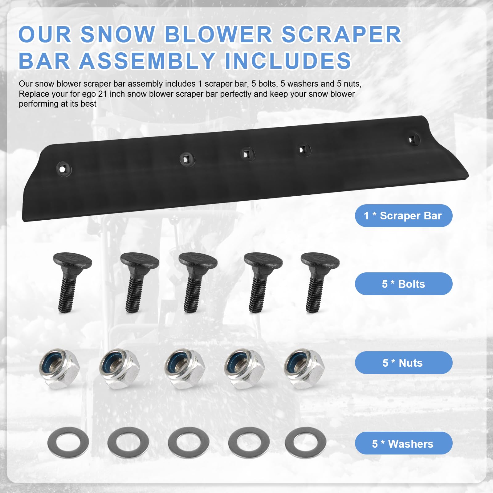 Adabuing scraper bar installed on EGO snow blower illustrating restored pavement contact