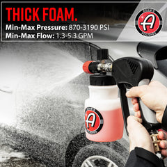 Adam's Polishes foam cannon attached to pressure washer for quick setup benefit