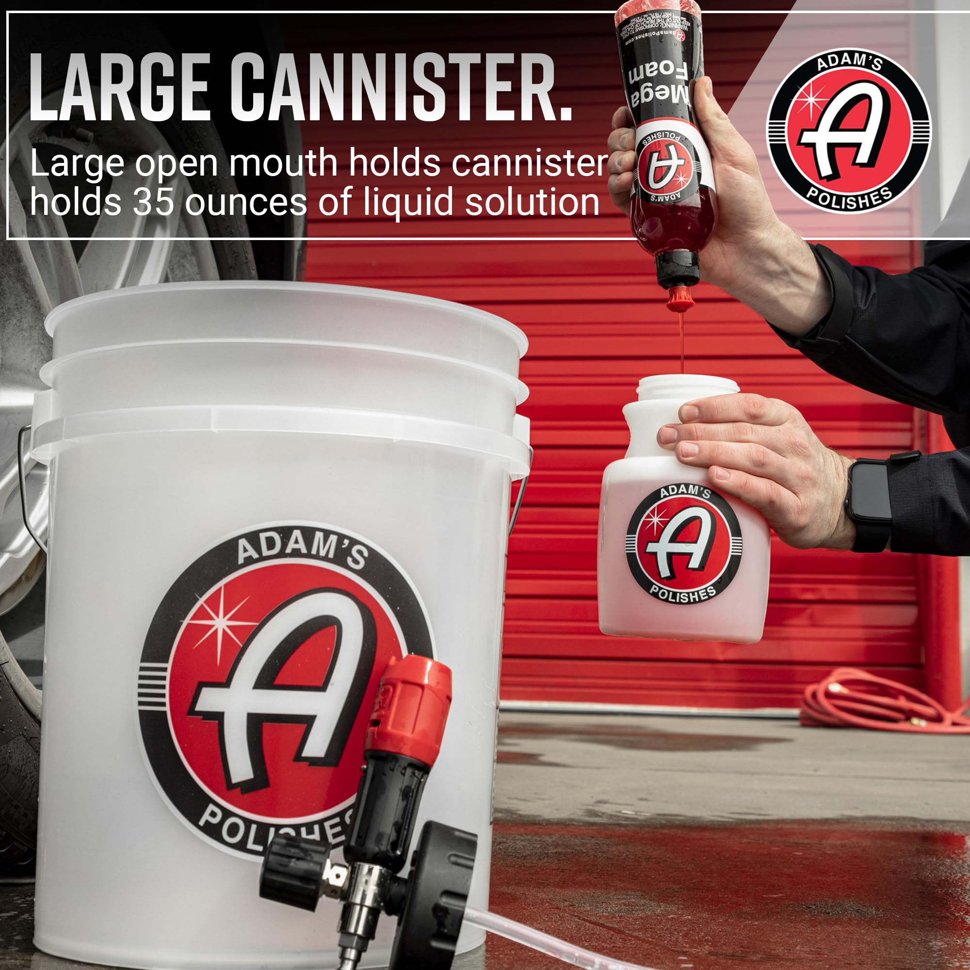 Adam's Polishes foam cannon held in hand to show scale and ergonomic design