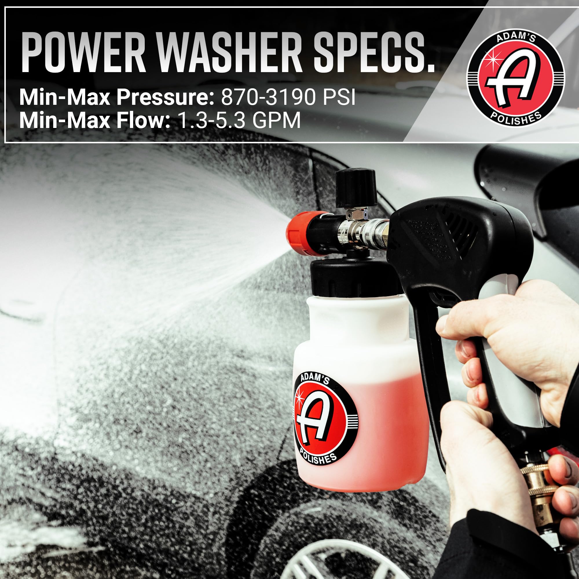 Adam's Polishes foam cannon with Adam's bottle attached for easy refills