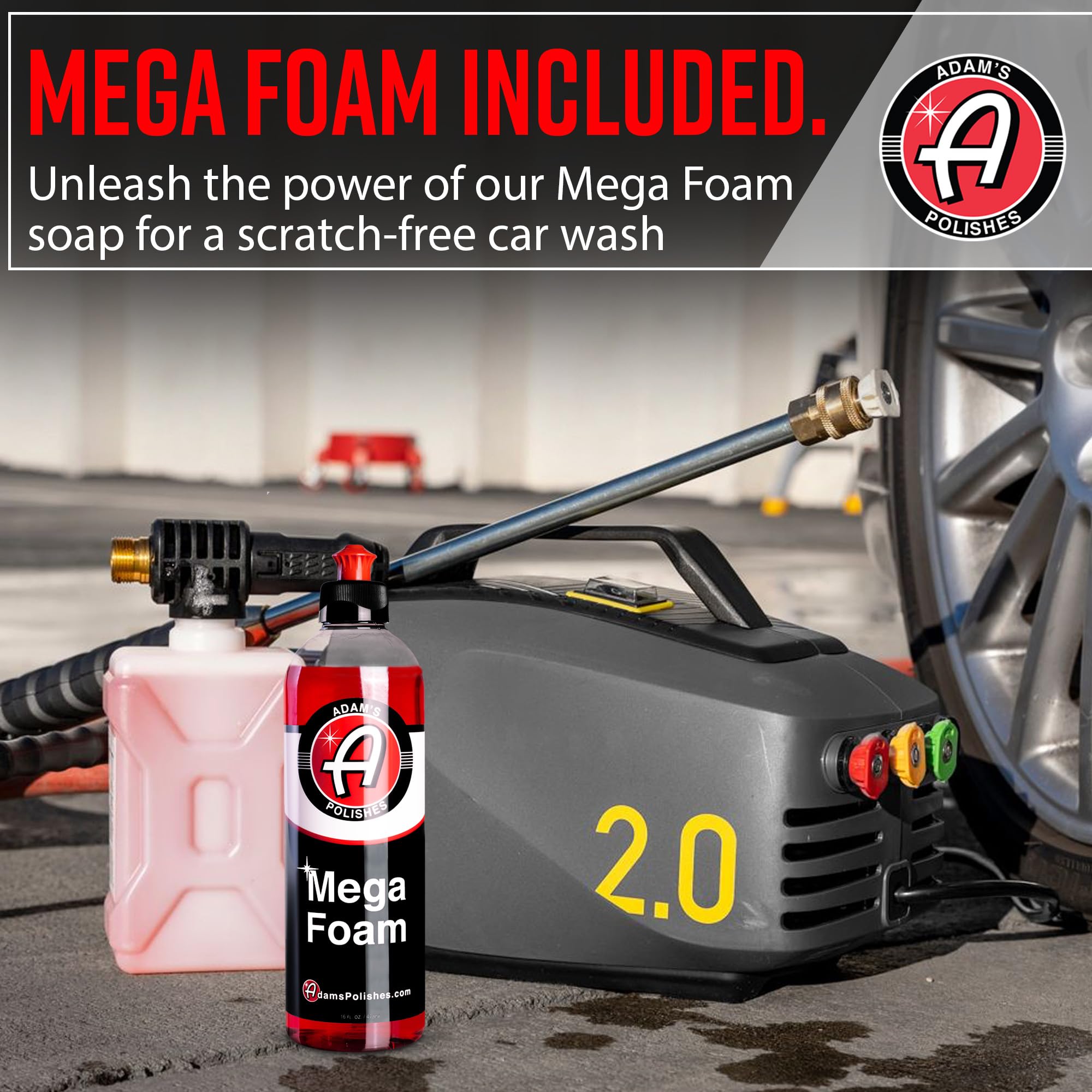 Adam's Polishes pressure washer stored on garage shelf demonstrating easy storage