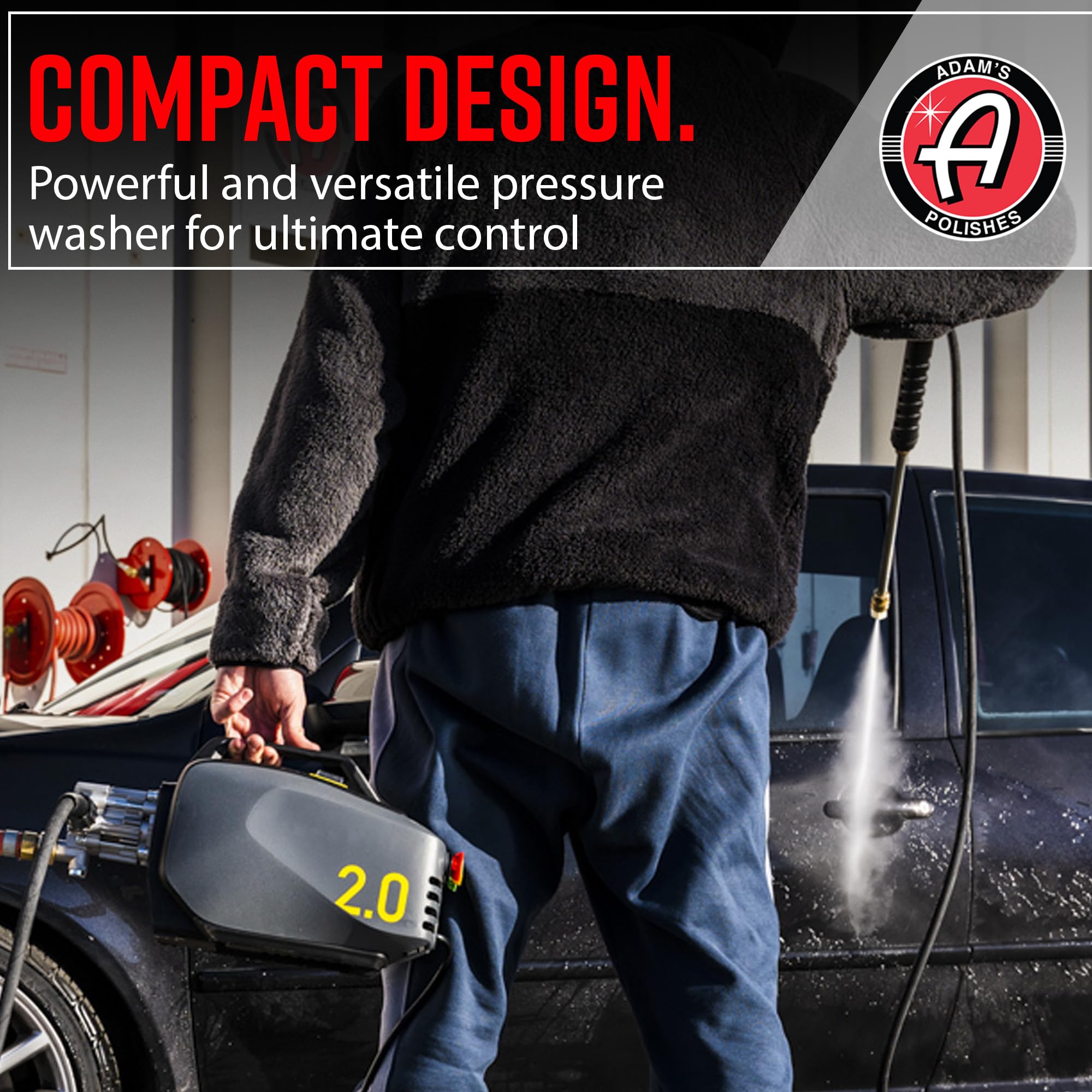 Adam's Polishes accessory layout with nozzles and hose for versatile washing options