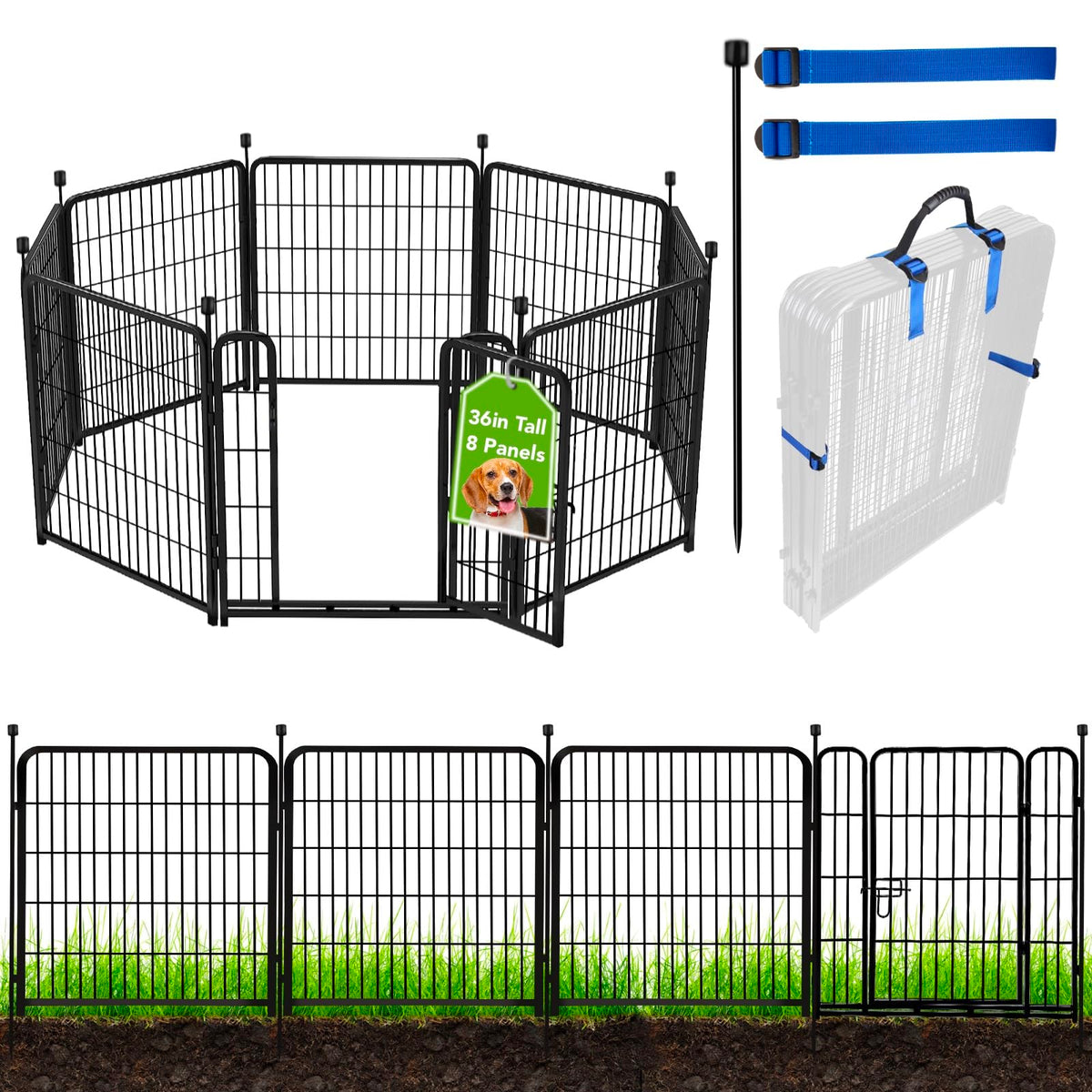 ADAVIN front view of assembled fence with gate showing sturdy frame and easy access