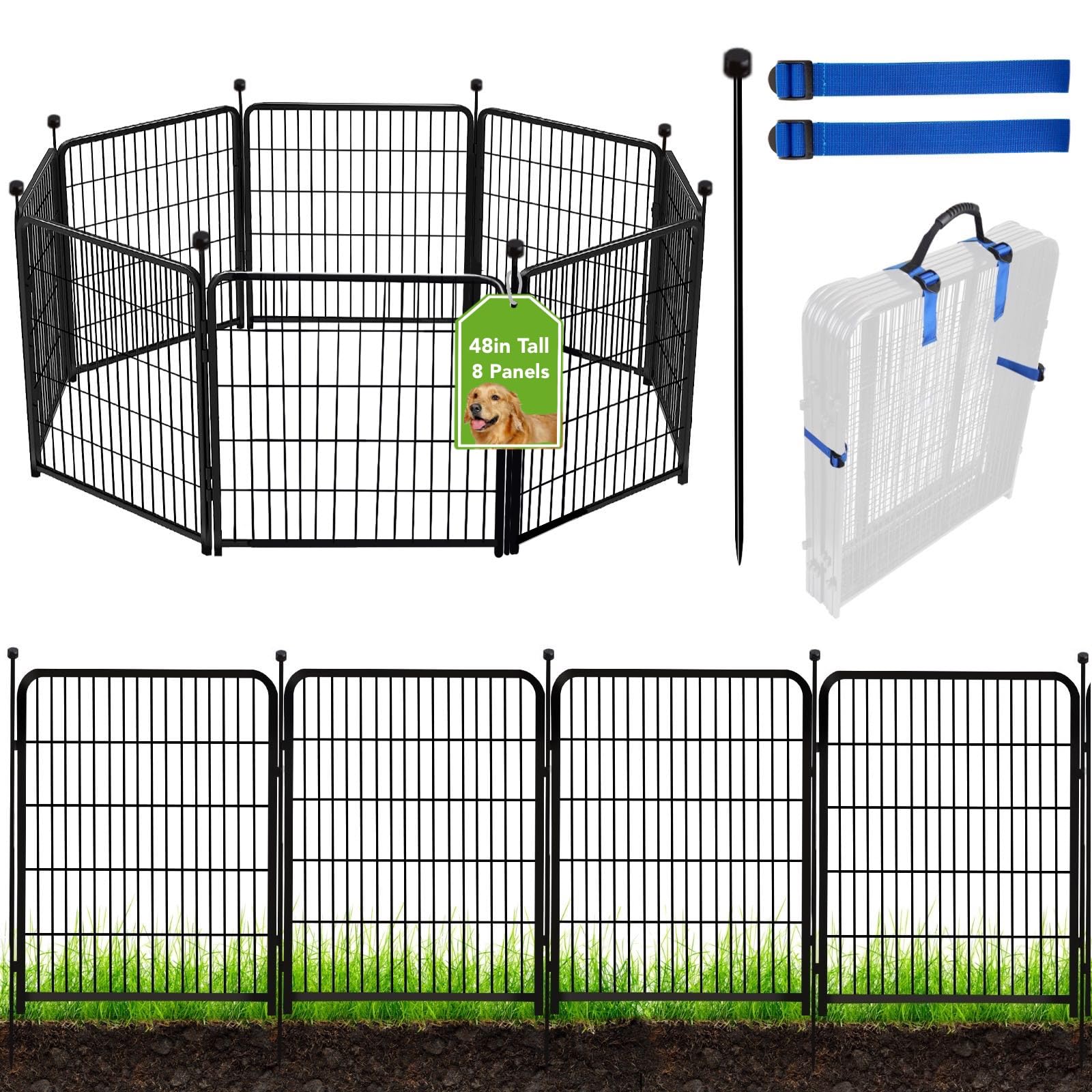 ADAVIN front view of 8-panel fence set showing full height and finish for durable garden borders