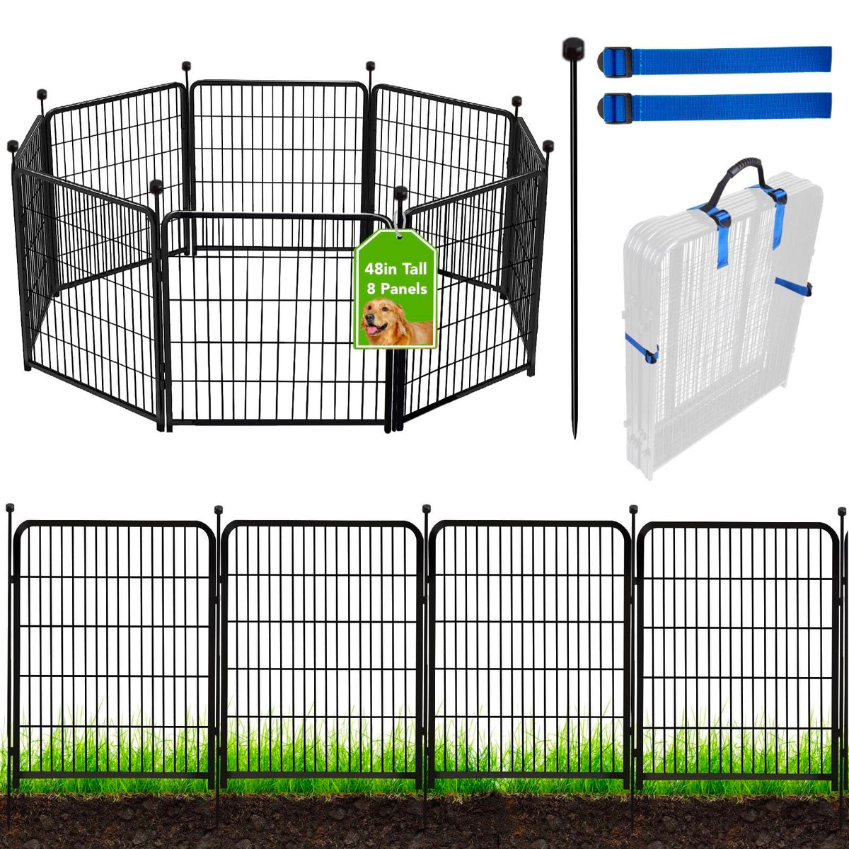 ADAVIN front view of 8-panel fence set showing full height and finish for durable garden borders