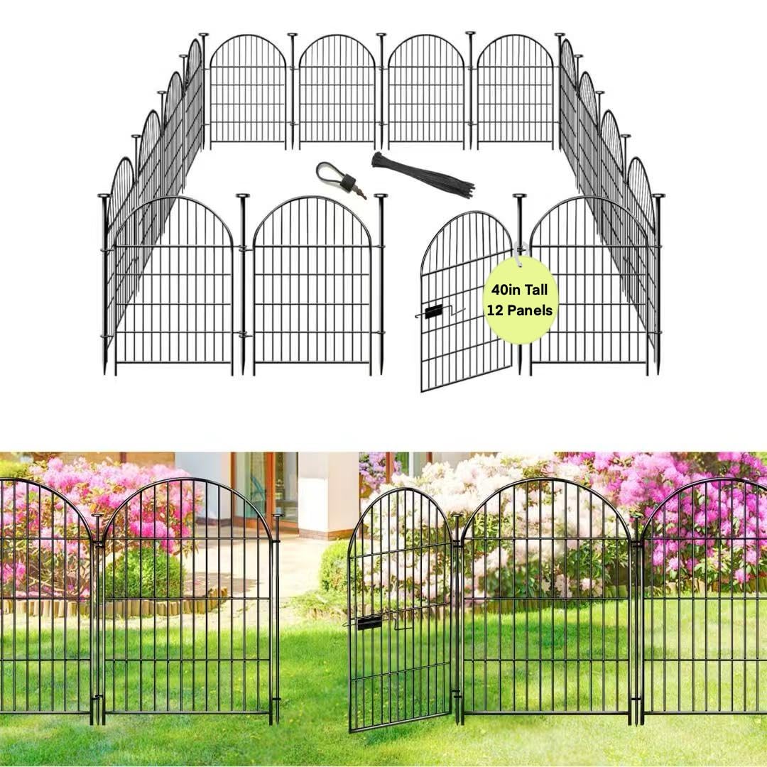 ADAVIN front view of assembled fence with gate showing neat garden edge and access