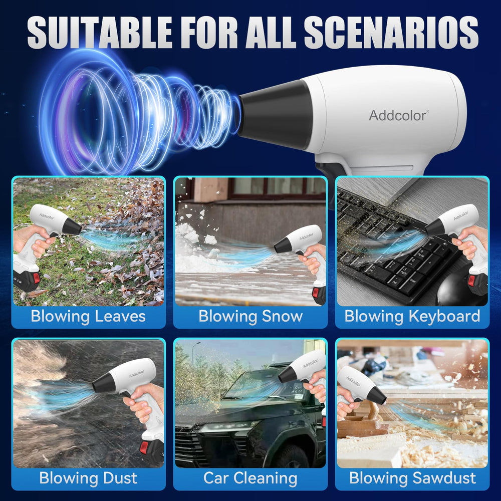 ADDCOLOR blower cleaning a patio demonstrating quick debris removal