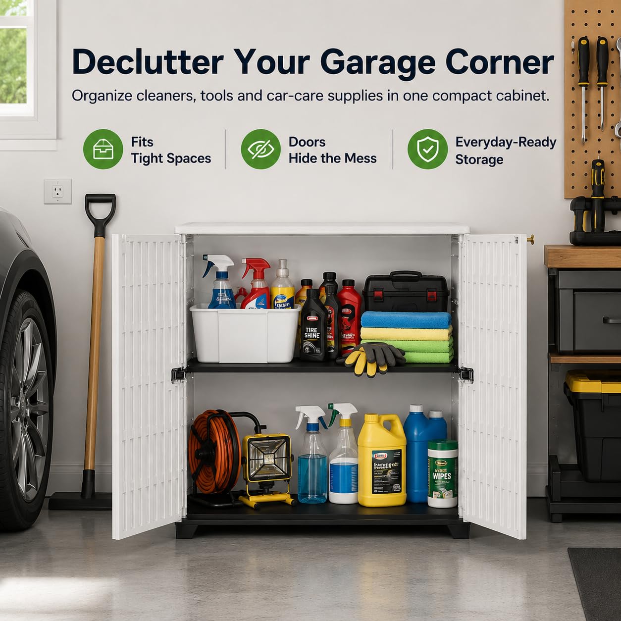 ADDOK in garage storing supplies showing versatile indoor-outdoor use
