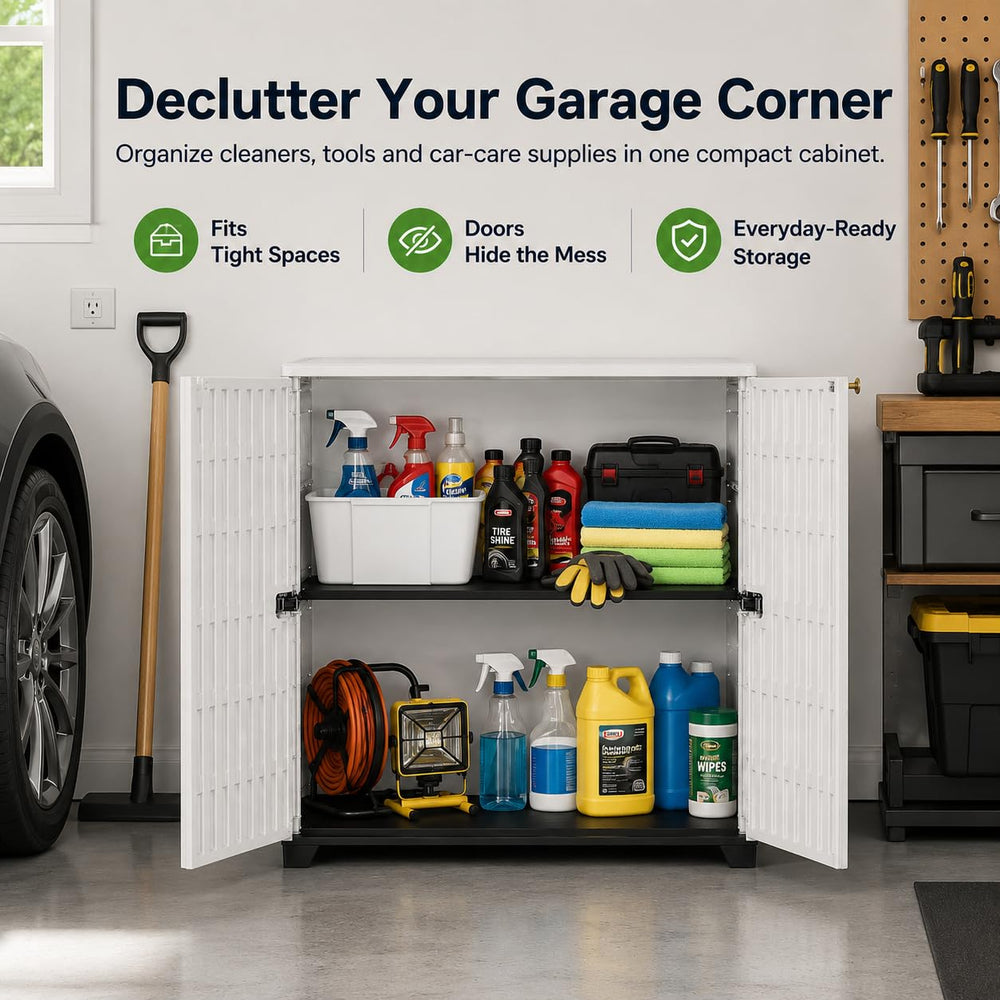 ADDOK in garage storing supplies showing versatile indoor-outdoor use