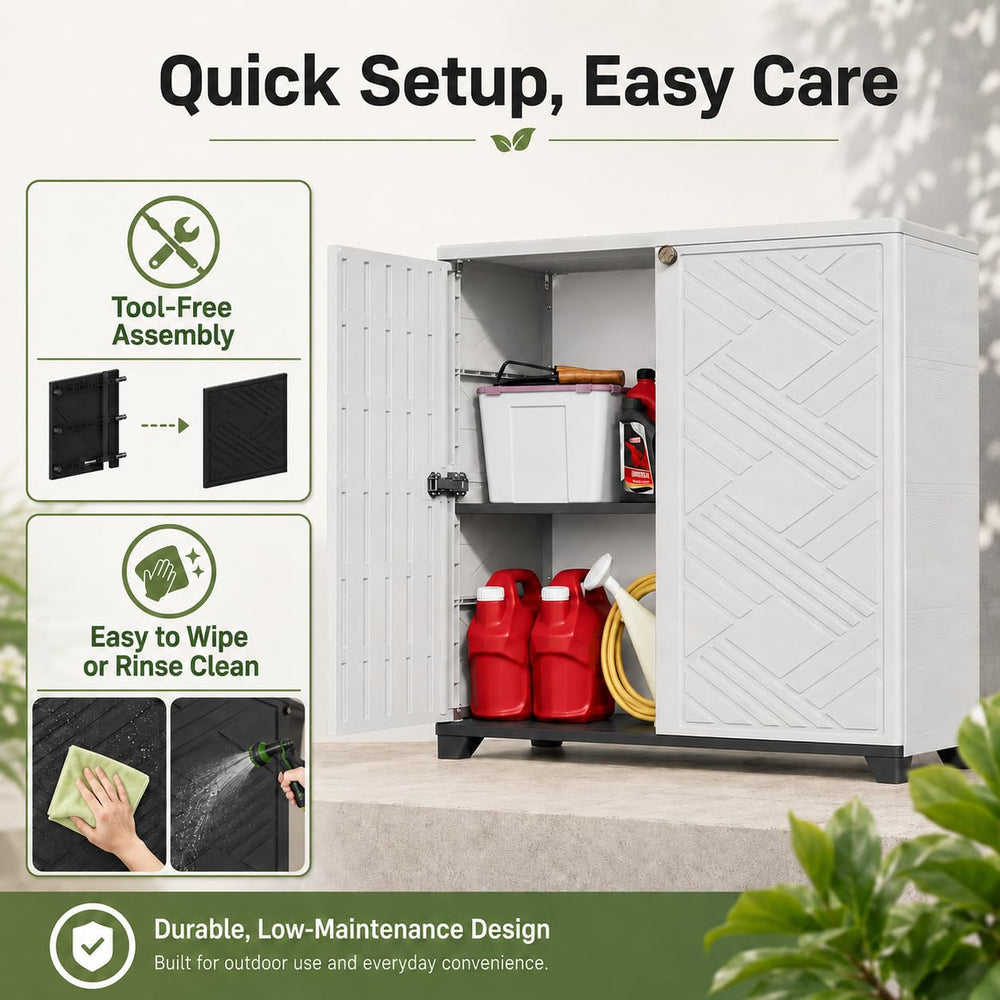 ADDOK cabinet with garden tools for scale and space-saving benefit