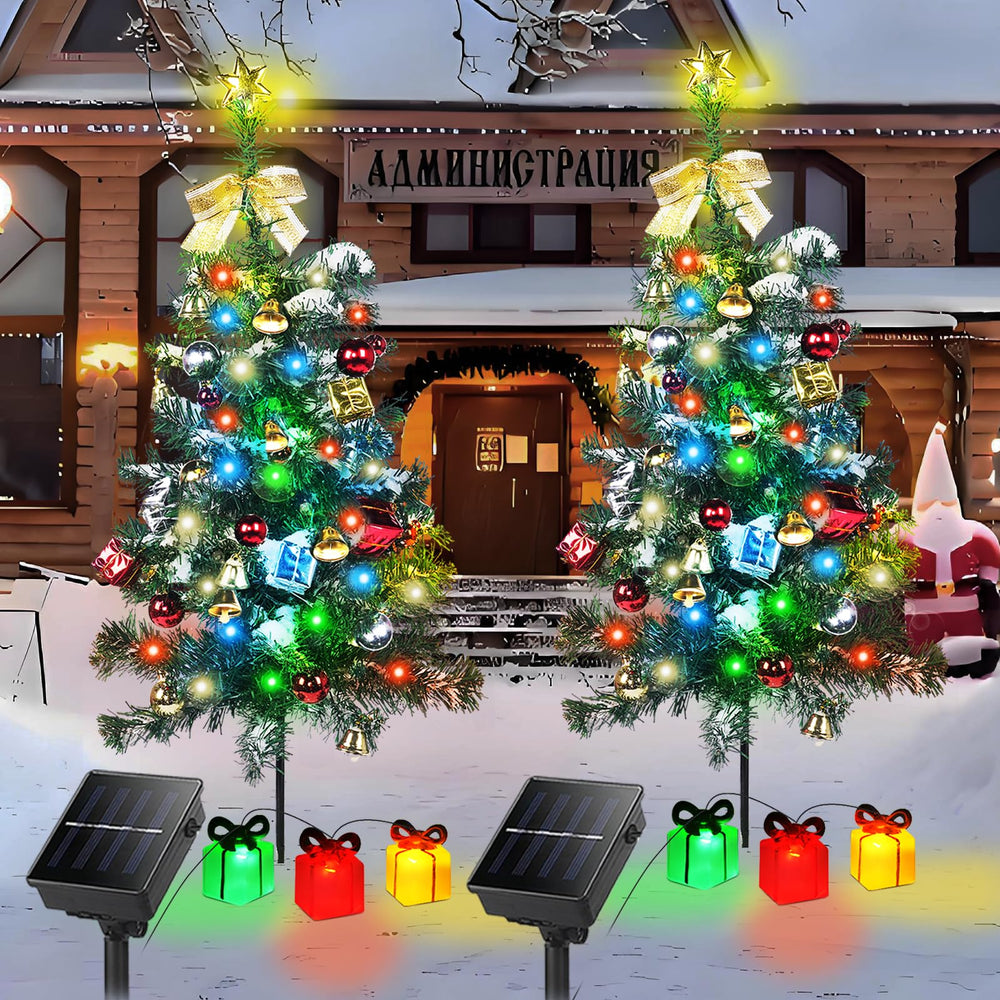 Adecorty front view two trees showing prelit display and instant curb appeal