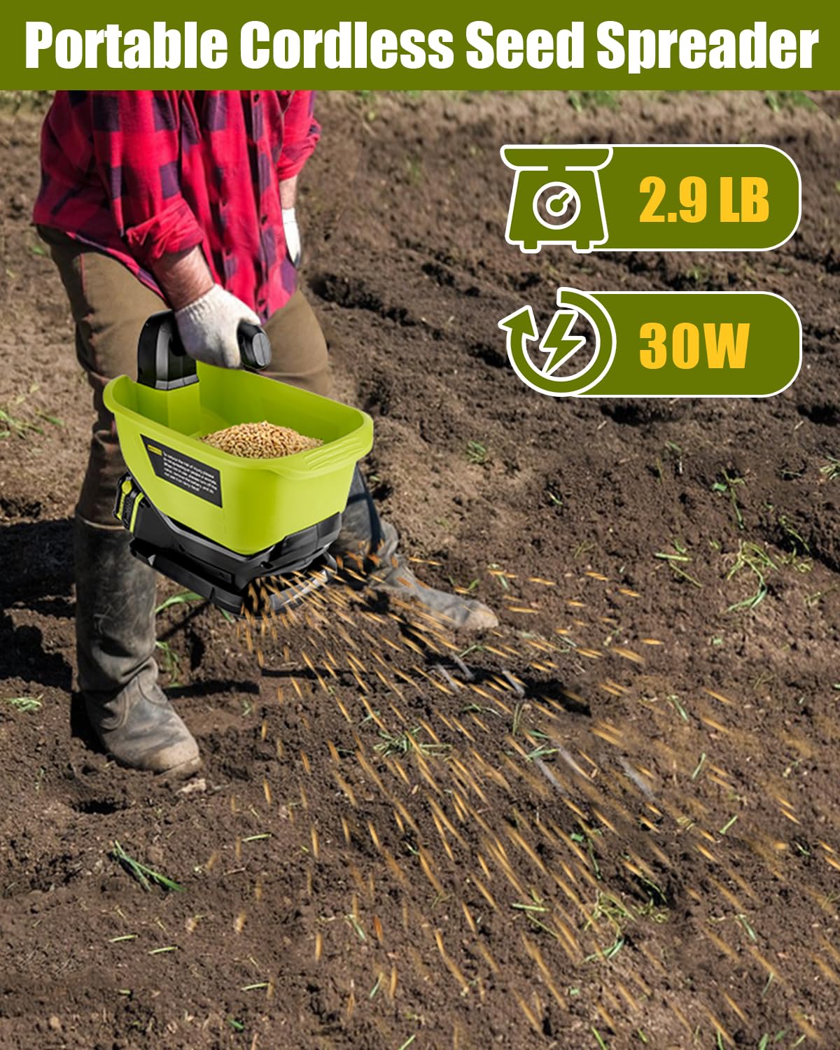 Adisipsoarin spreading seed on lawn illustrating even coverage and quick work
