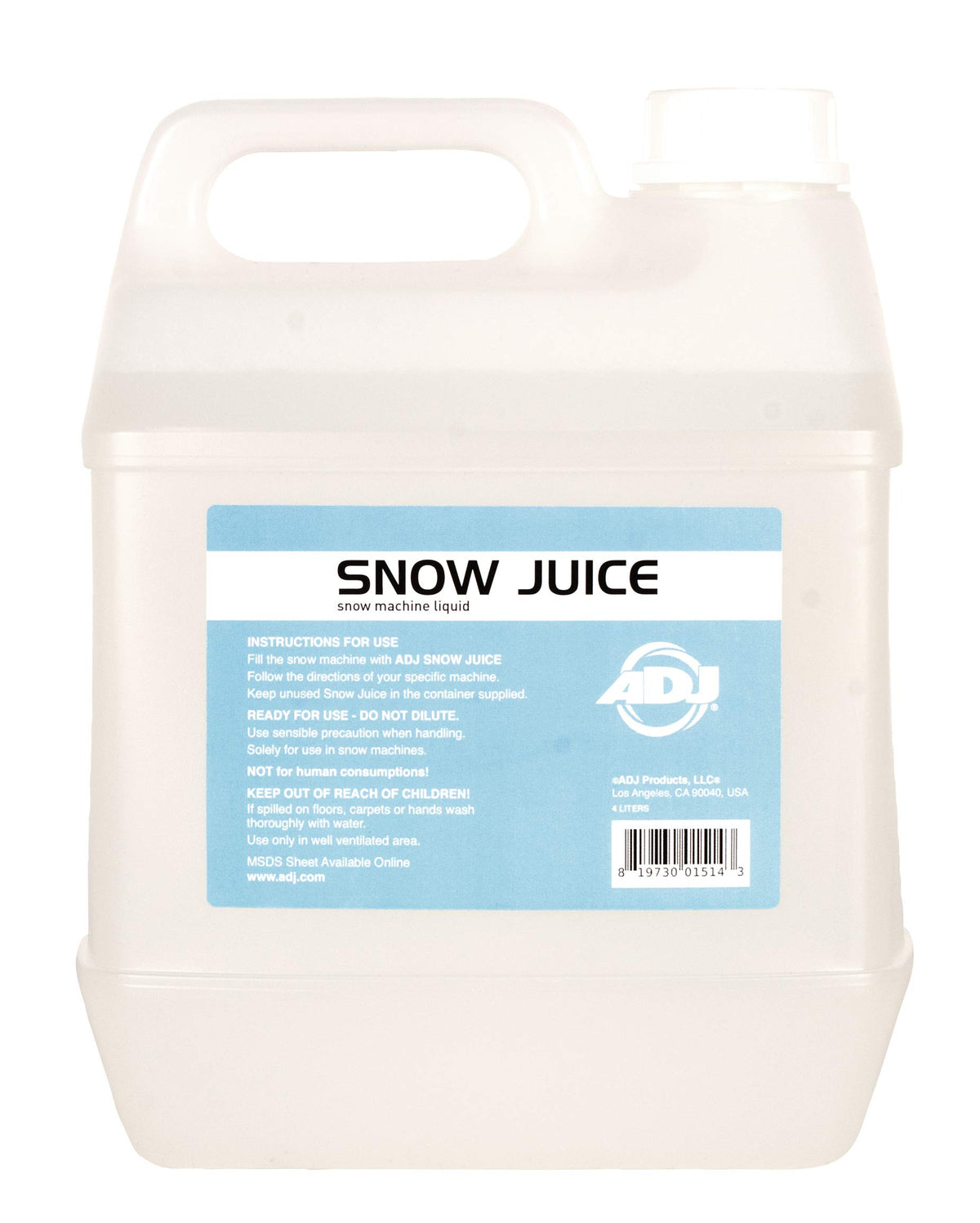 ADJ Snow Gal front label showing gallon container and clear product benefits