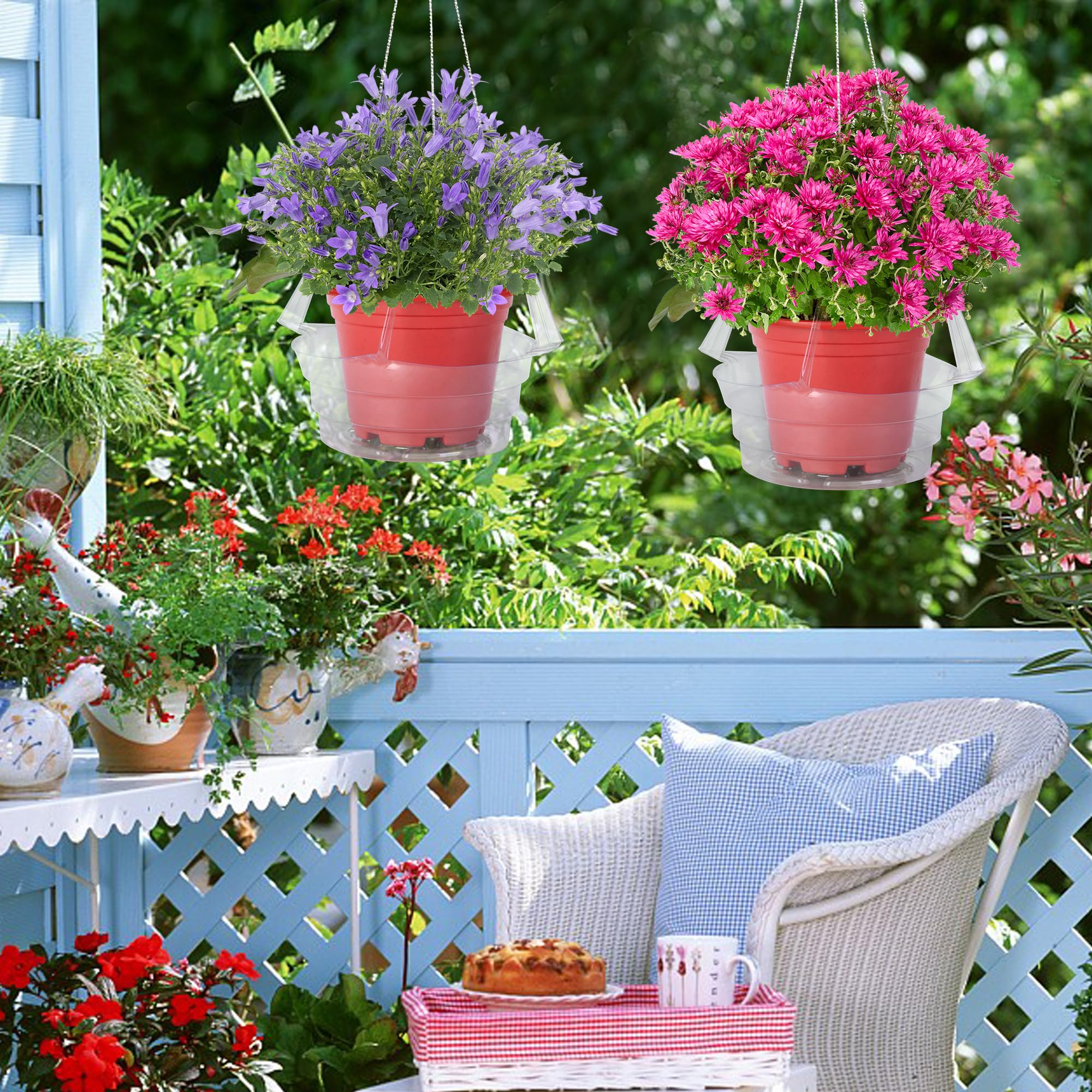 Adnee balcony scene with hanging plants using trays to protect surfaces