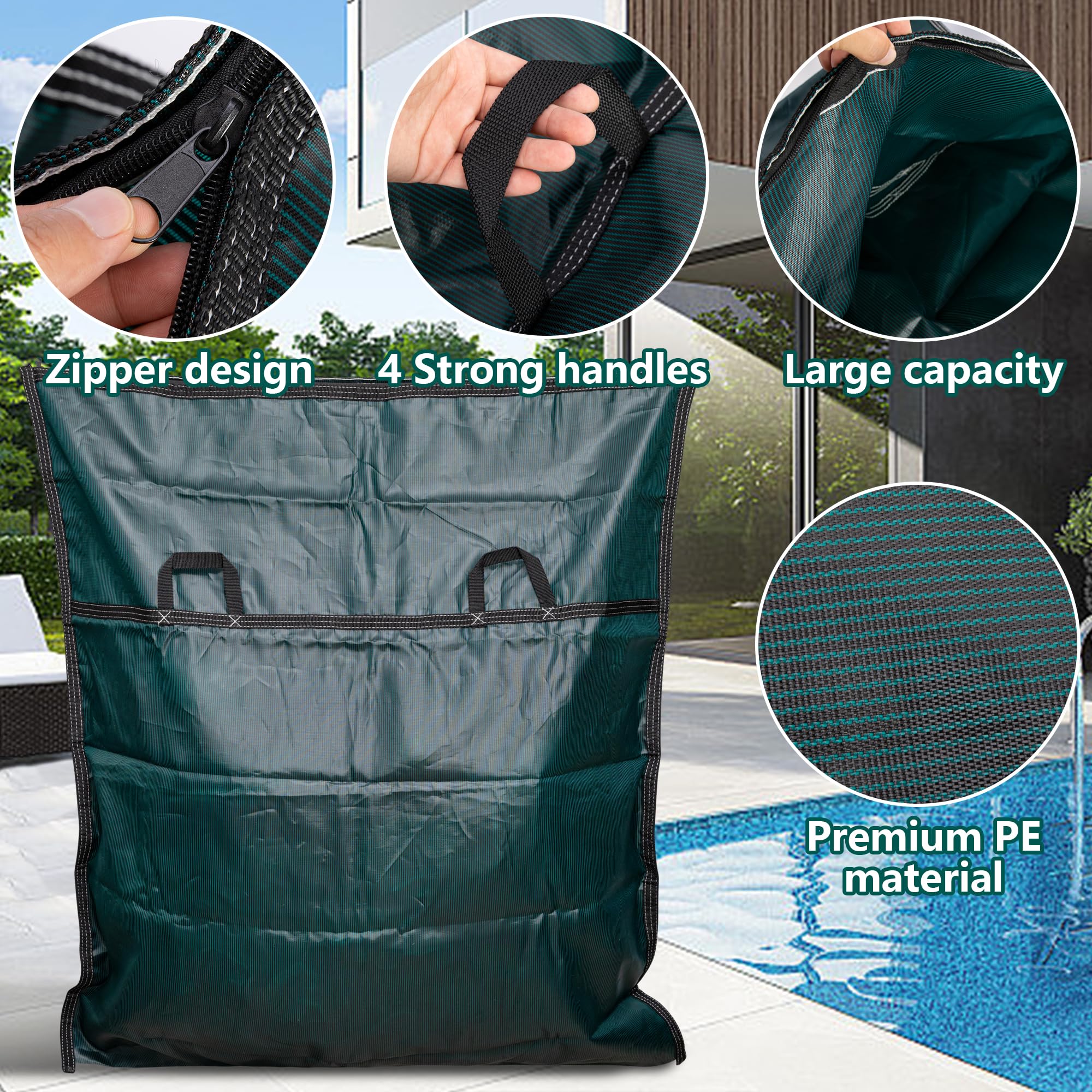 Adnee bag filled with folded pool cover illustrating neat organization