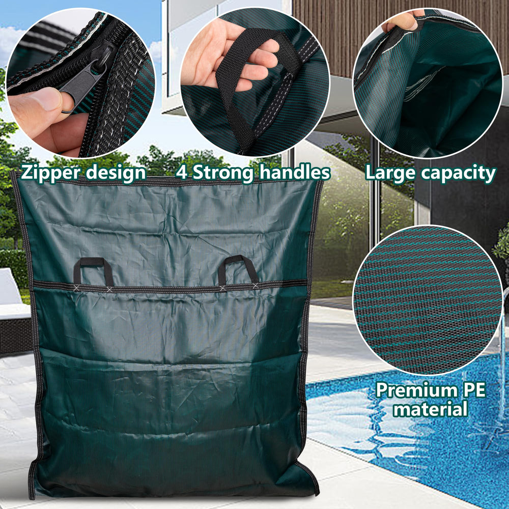 Adnee bag filled with folded pool cover illustrating neat organization