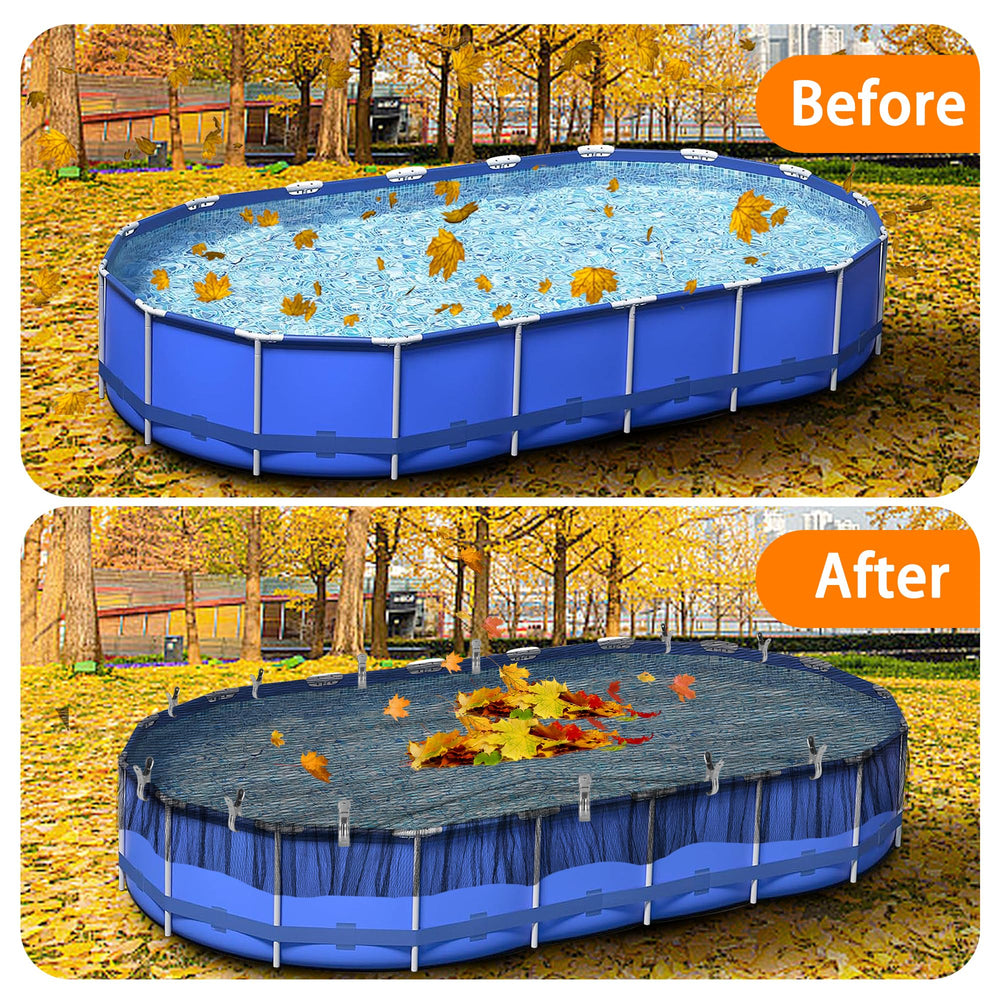 Adnee installed on oval pool top view preventing leaves entering water