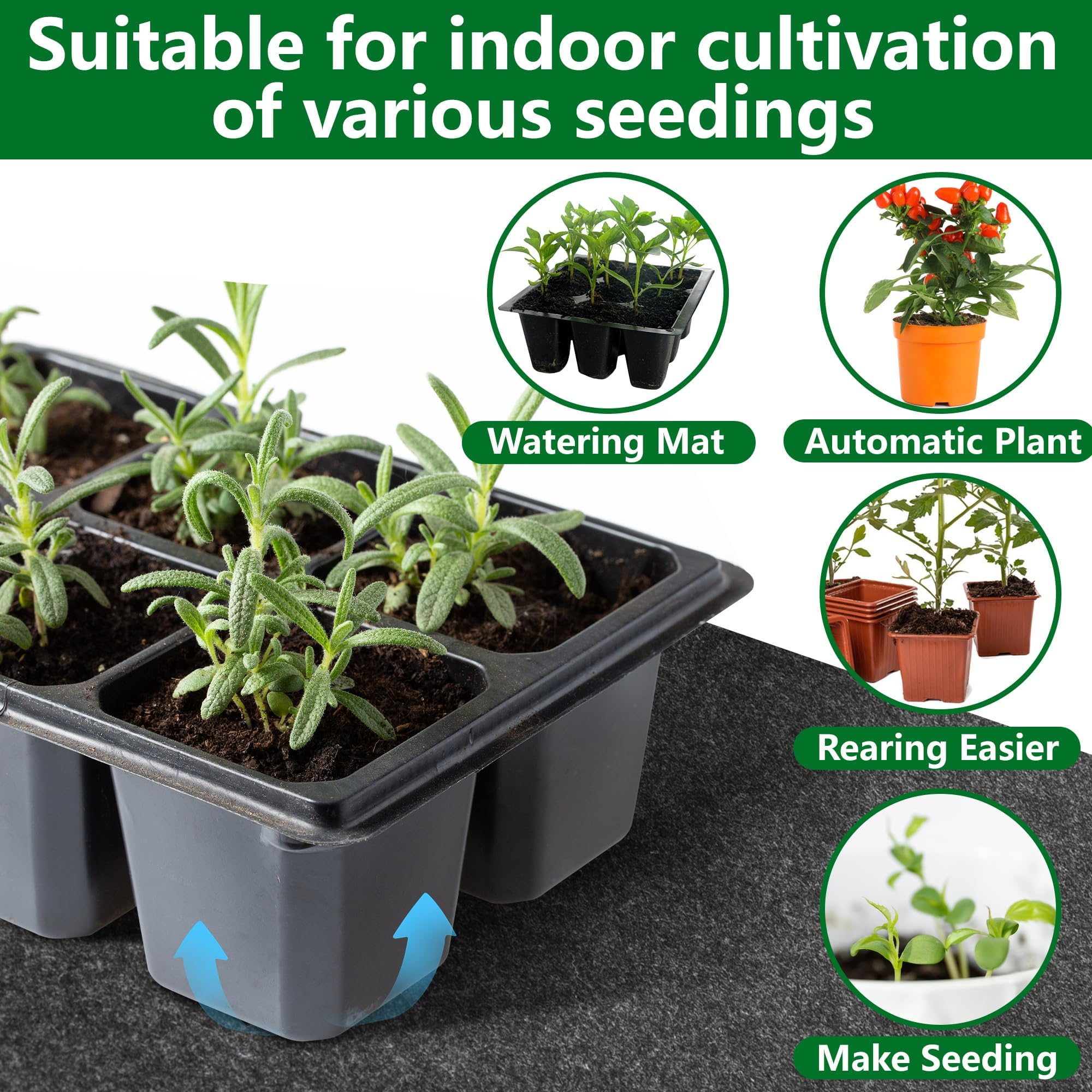 Adnee mat under indoor seedling flats illustrating hands-off watering