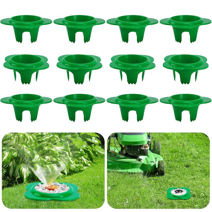 Adnee front view of green sprinkler protector showing neat lawn integration