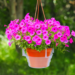 Adnee tray installed under hanging flower basket preventing drips