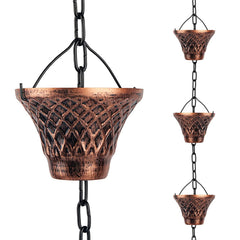 Adorafur front view of copper rain chain showing elegant cups and finish, enhances curb appeal