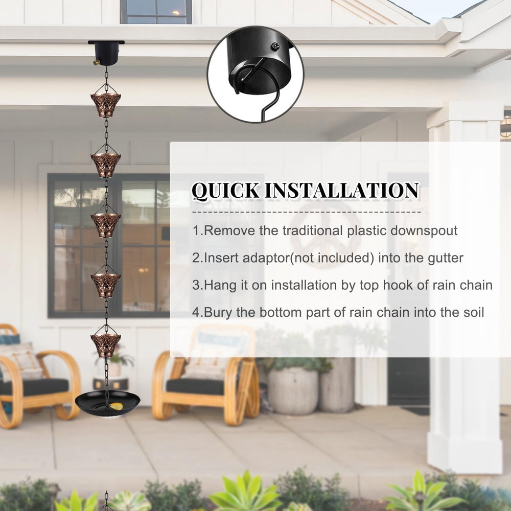 Adorafur rain chain installed on gutter, demonstrates neat water guidance and low splash