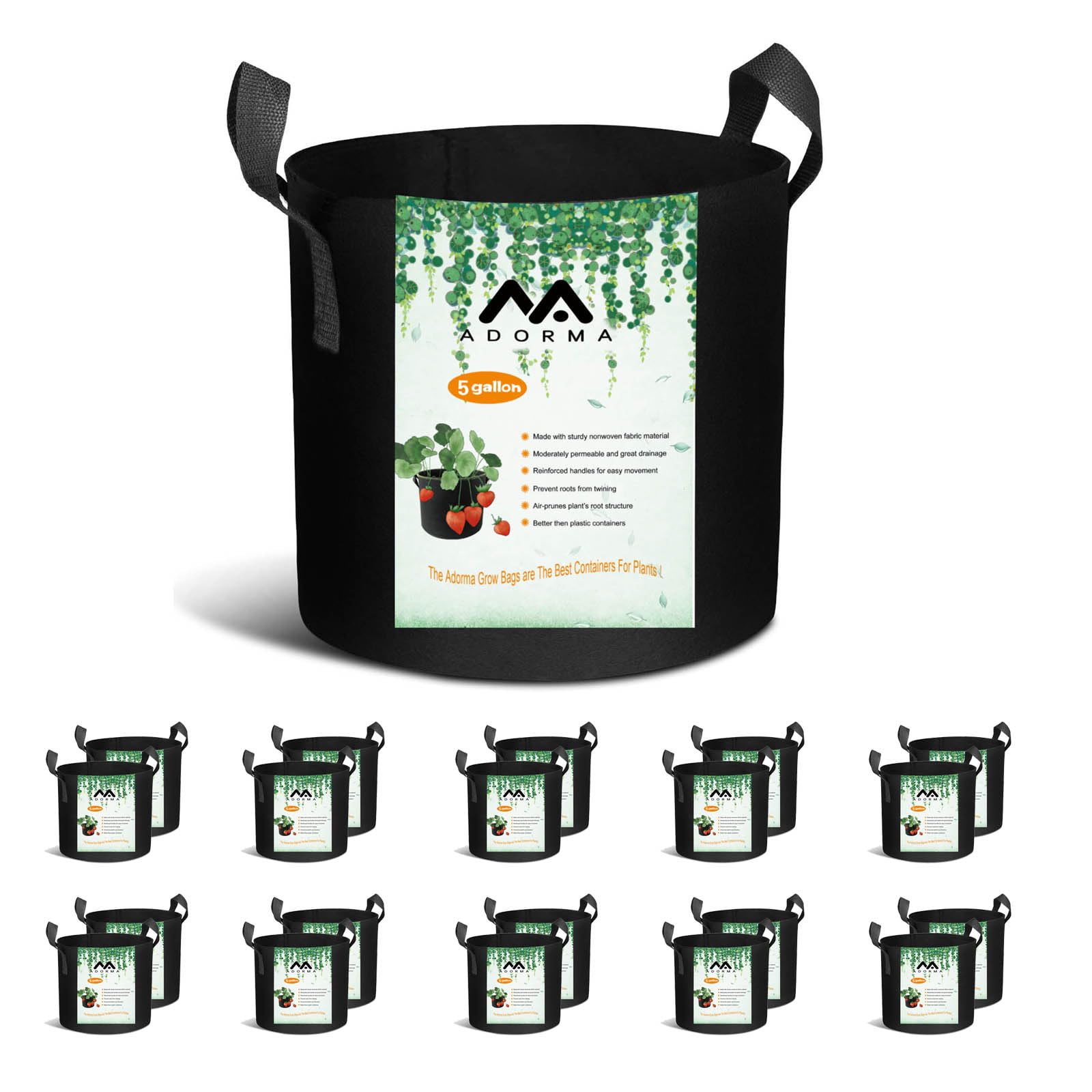 ADORMA front view of 5-gallon grow bag showing durable shape and capacity benefit