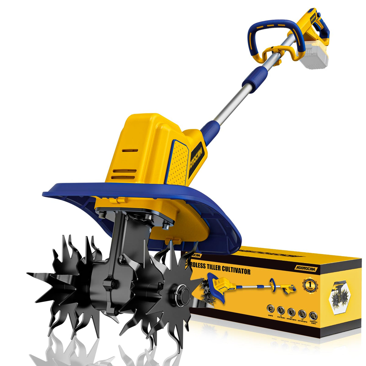 ADOTOCAM front view showing tines and compact design for easy soil work