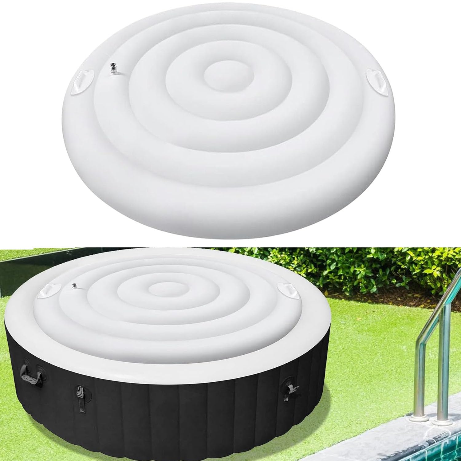Adozsb front view of 4.5 ft hot tub cover showing handle and tight seal protecting spa