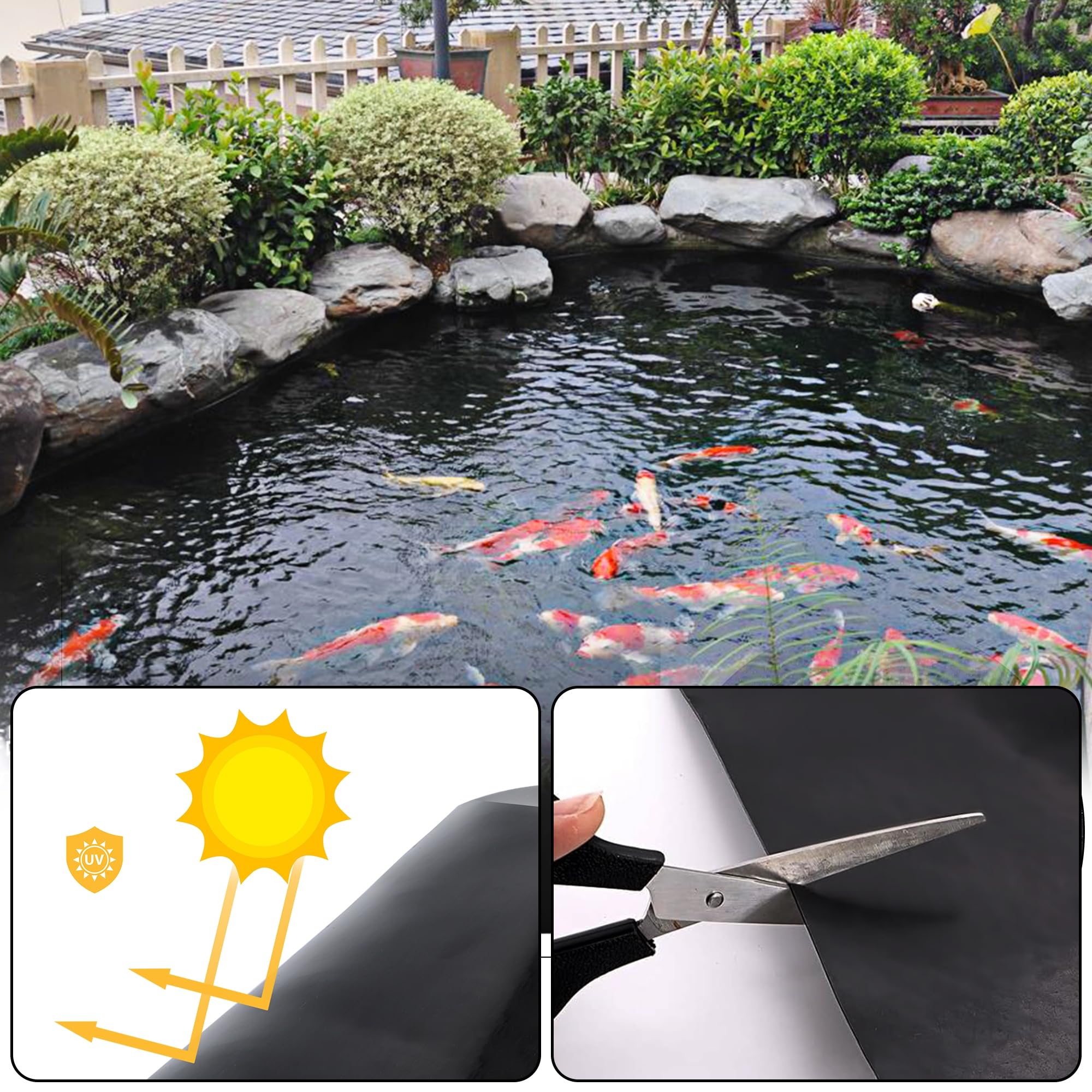 Adroiteet pond liner edge secured with stones demonstrating stable anchoring
