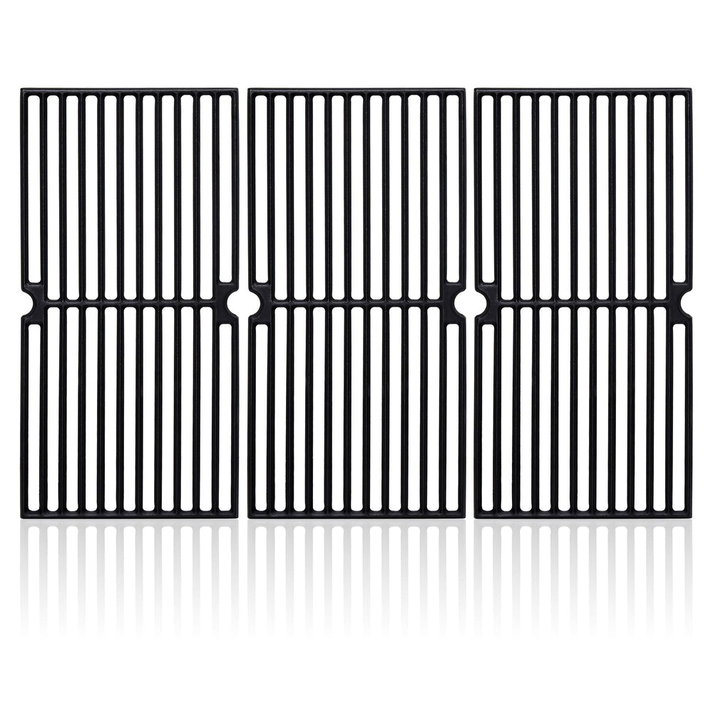 Adviace front view of three cast iron grates showing fit and finish, restores grill performance