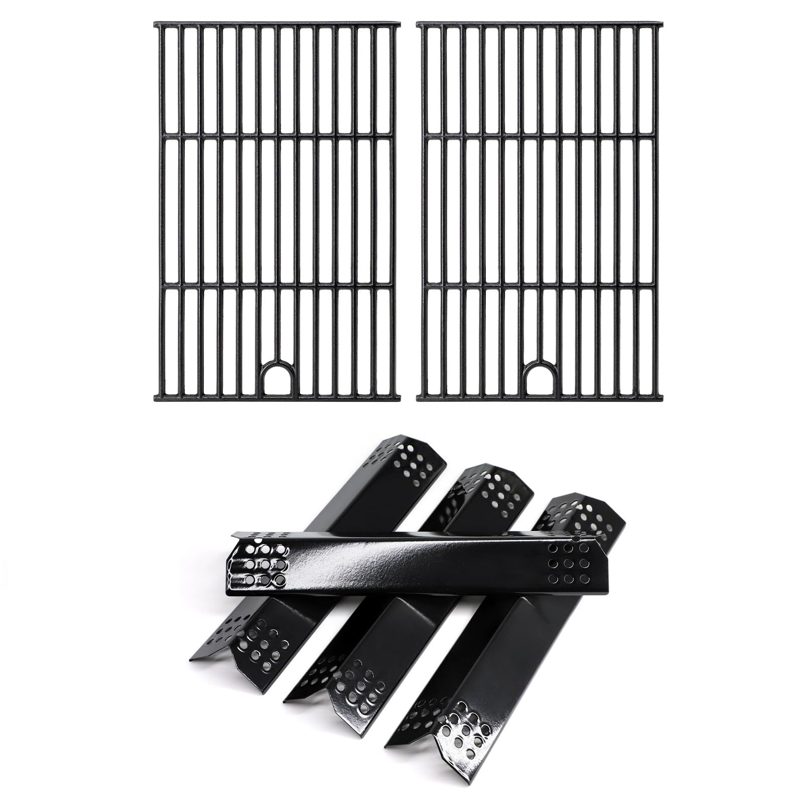 Adviace front view of replacement grates and flame tamers, restores grilling performance